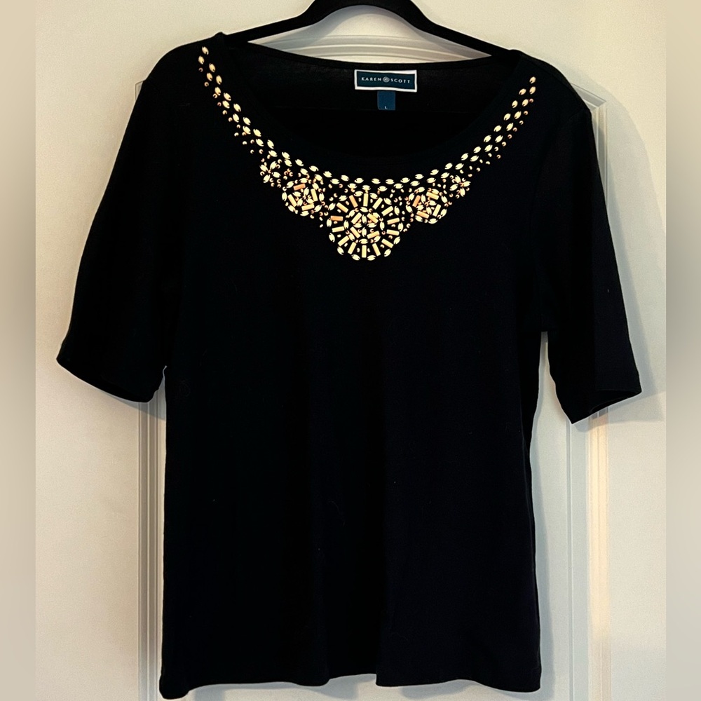 Karen Scott Black Top with Gold Embellishments
